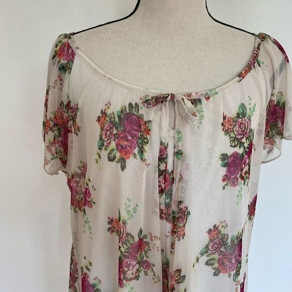 Agenda boho floral sheer lined, relaxed fit tie front lined top, size L - Picture 2 of 5